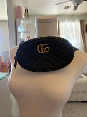 Gucci Black Quilted GG Marmont Matelasseé Belt Bag, Black and antique gold.